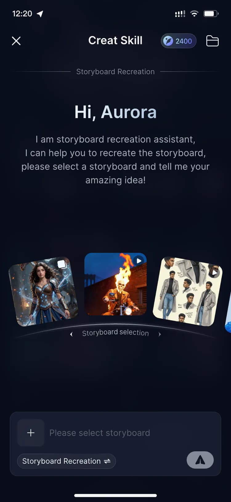 Skira Agent storyboard selection screen